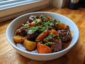 A close-up of a hearty pork stew with chunks of meat, potatoes, and carrots, garnished with fresh parsley.