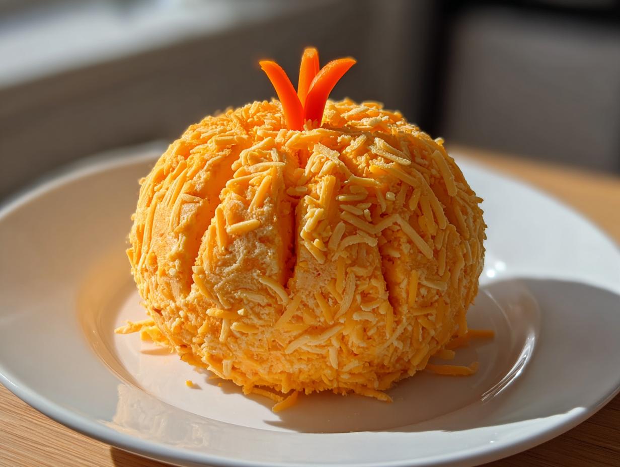 A vibrant orange pumpkin cheese ball covered in shredded cheese, topped with a carrot stem.