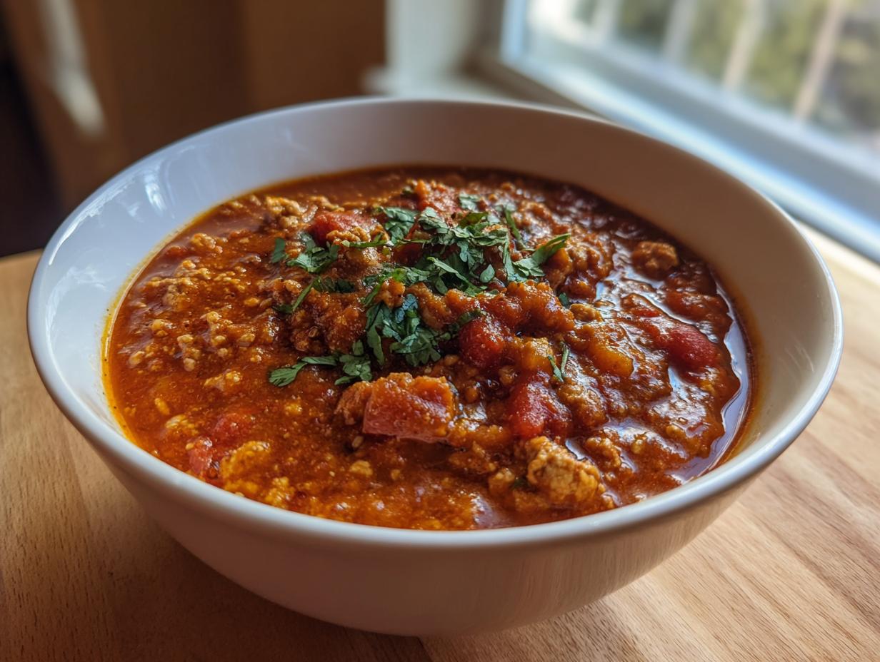 Close-up of a white bowl filled with rich, thick pumpkin chili topped with fresh chopped cilantro or parsley.