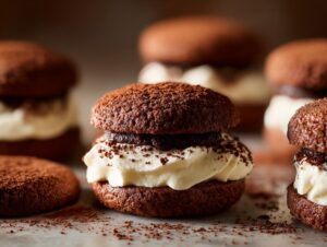 A close-up of a decadent tiramisu cookies sandwich filled with thick white cream and dusted with cocoa powder.