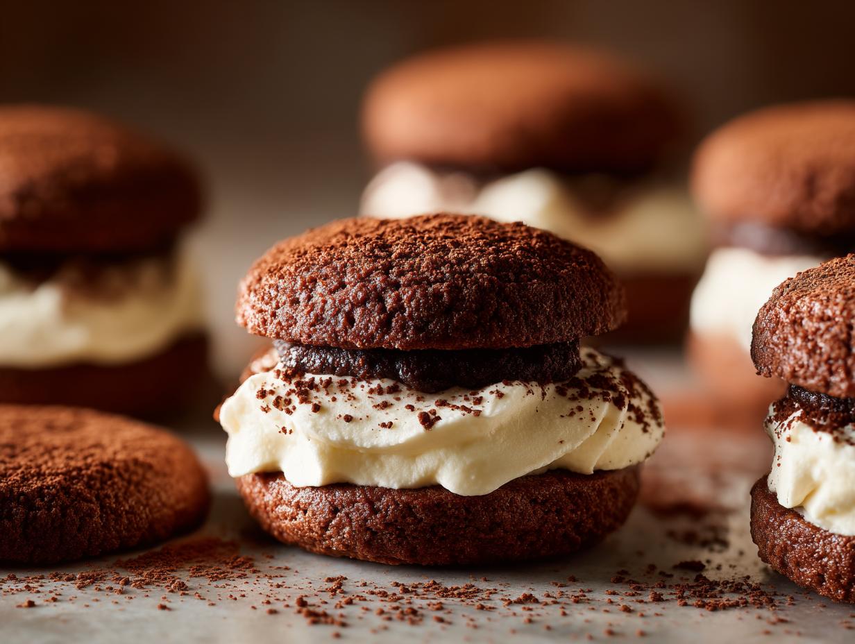 A close-up of a decadent tiramisu cookies sandwich filled with thick white cream and dusted with cocoa powder.