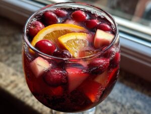 Close-up of a glass filled with vibrant red christmas sangria, garnished with fresh cranberries, orange slices, and apple chunks.