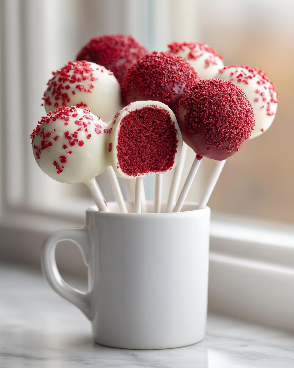 A bouquet of finished red velvet cake pops, some dipped in white chocolate and sprinkles, displayed in a white mug.