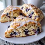 Three flaky blueberry scones drizzled with white vanilla glaze served on a white plate.