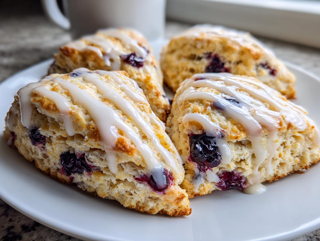 Four triangular blueberry scones topped with a thick vanilla glaze, ready to eat.