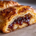 Close-up of flaky pastry cut open revealing melted cheese and dark fruit preserves, similar to baked brie.