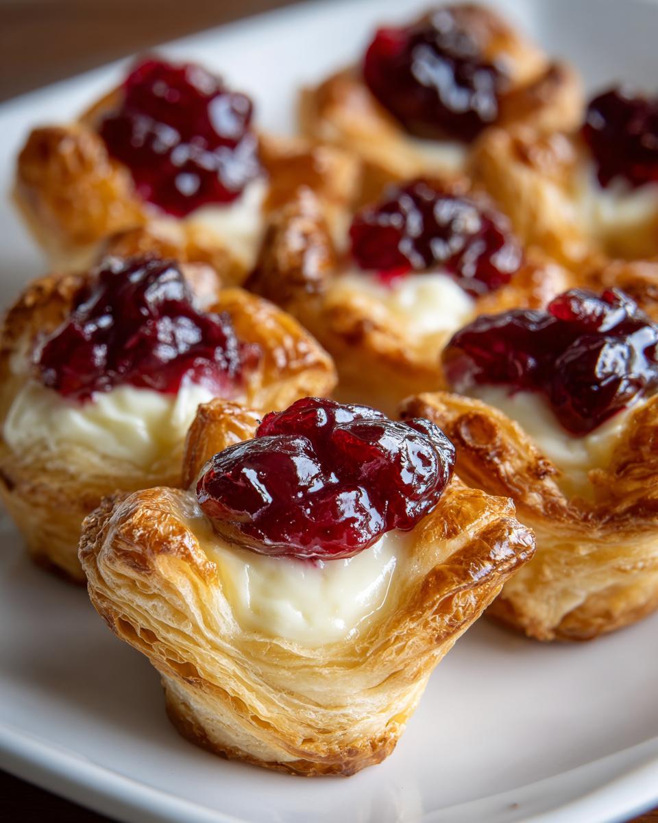 Close-up of flaky pastry cups filled with melted brie and topped with dark red jam, perfect brie bites.