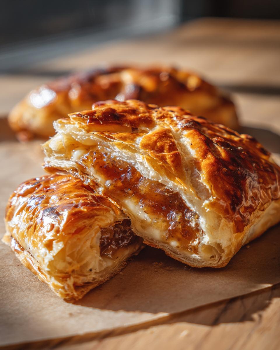 Close-up of flaky pastry cut in half, revealing melted cheese and jam filling from the baked brie recipe.