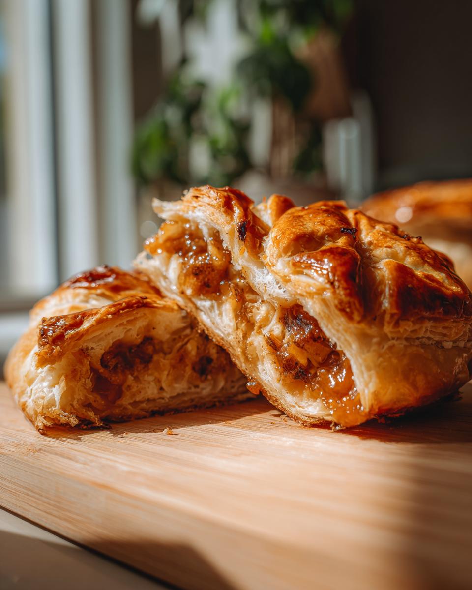 Cross-section of flaky pastry filled with caramelized topping, suggesting a baked brie preparation.
