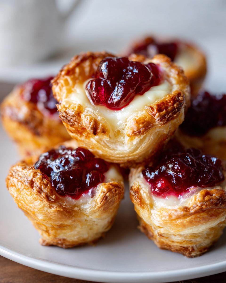 Close-up of several golden, flaky puff pastry brie bites topped with melted brie and a dollop of bright red cranberry or cherry jam.