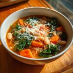 A close-up of a warm bowl of minestrone soup topped with shredded Parmesan cheese, kale, carrots, and white beans.