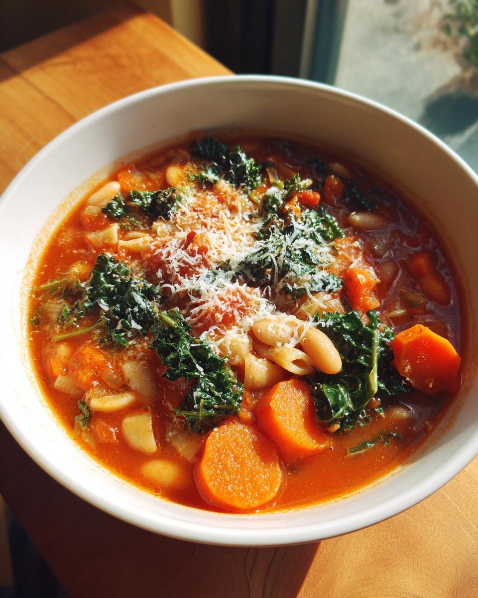 Close-up of a white bowl filled with rich, tomato-based minestrone soup, topped with kale, carrots, beans, and grated Parmesan cheese.