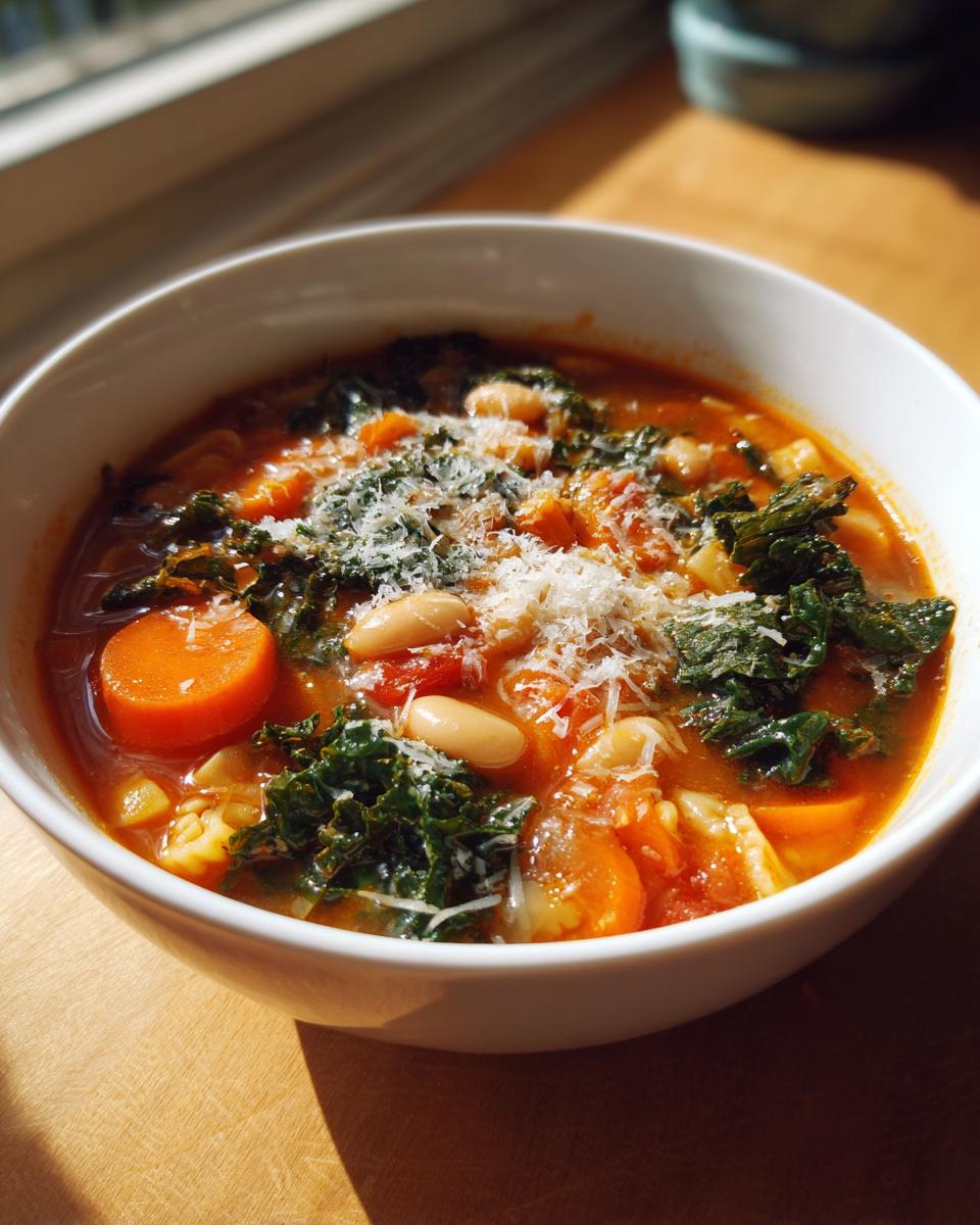 Close-up of a white bowl filled with vibrant minestrone soup, featuring carrots, kale, white beans, and grated Parmesan cheese.