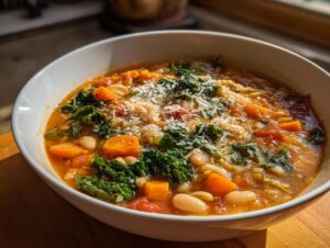 Close-up of a white bowl filled with flavorful minestrone soup, featuring kale, carrots, white beans, and topped with grated Parmesan cheese.