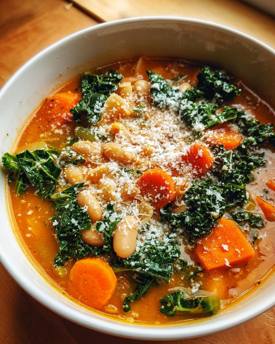 Close-up of a steaming bowl of minestrone soup, featuring white beans, bright orange carrots, dark green kale, topped with grated Parmesan cheese.