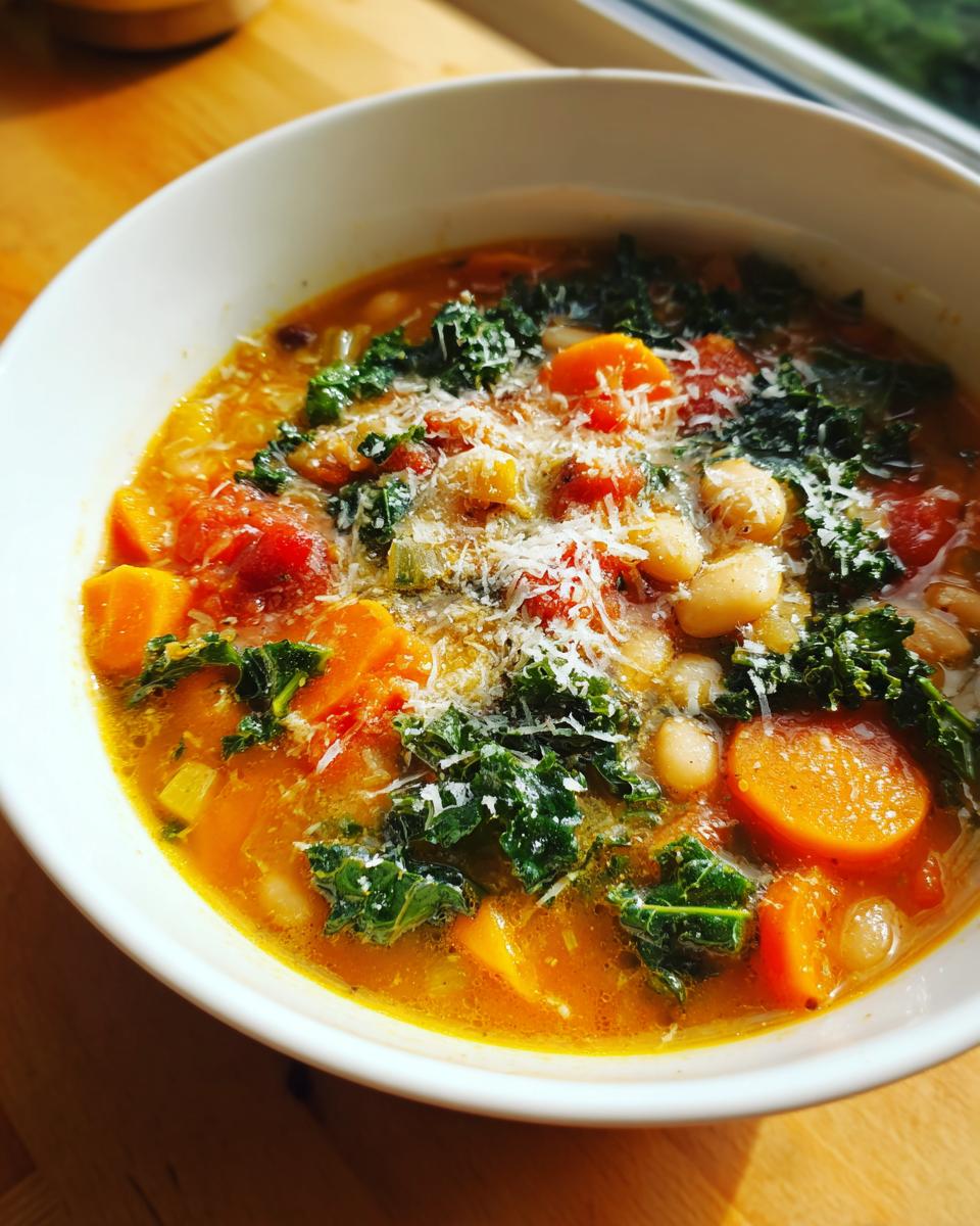 Close-up of a white bowl filled with vibrant minestrone soup, featuring carrots, white beans, kale, and grated Parmesan cheese.