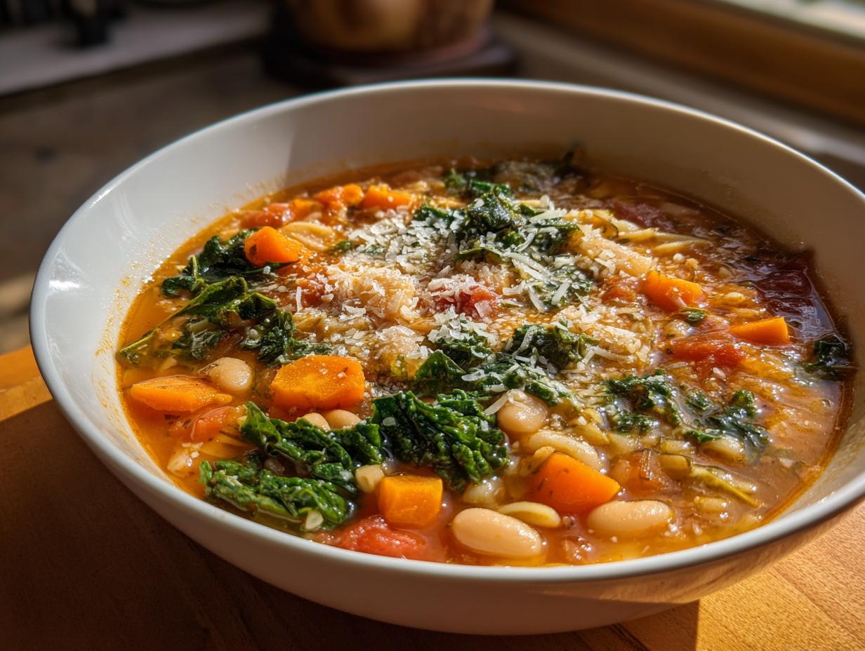 Close-up of a white bowl filled with flavorful minestrone soup, featuring kale, carrots, white beans, and topped with grated Parmesan cheese.