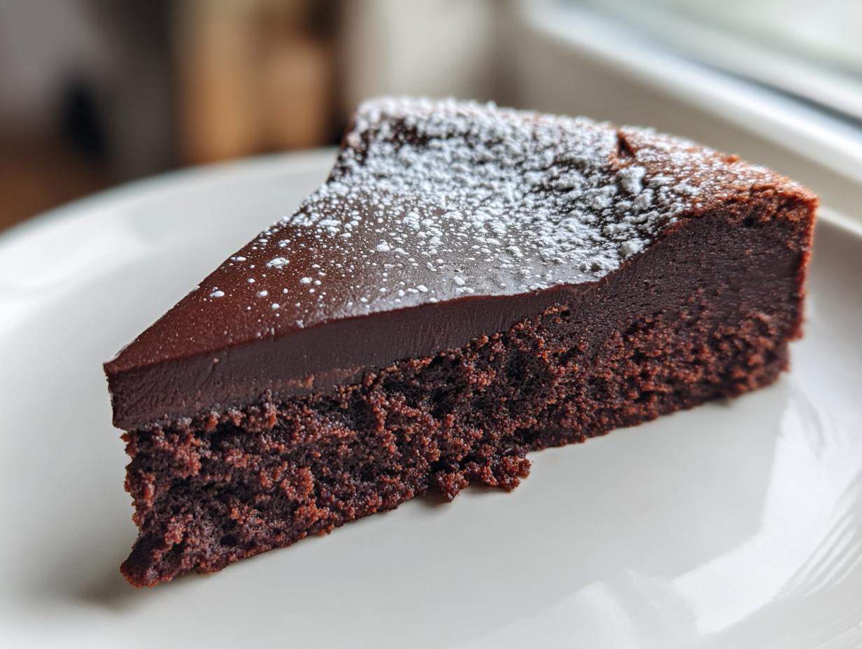 A close-up of a decadent slice of flourless chocolate cake, topped with a smooth ganache layer and dusted with powdered sugar.