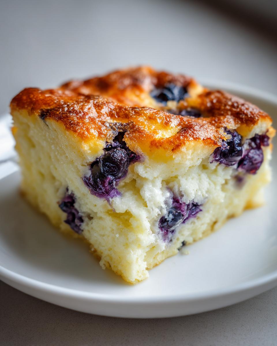 Close-up of a thick, fluffy slice of blueberry sheet pan pancakes with a golden-brown top.