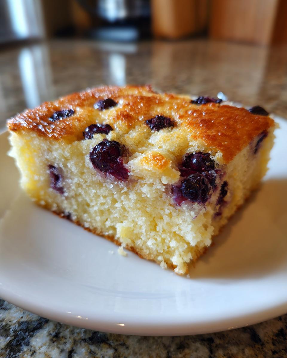 Close-up of a square slice of fluffy sheet pan pancakes baked with blueberries, served on a white plate.