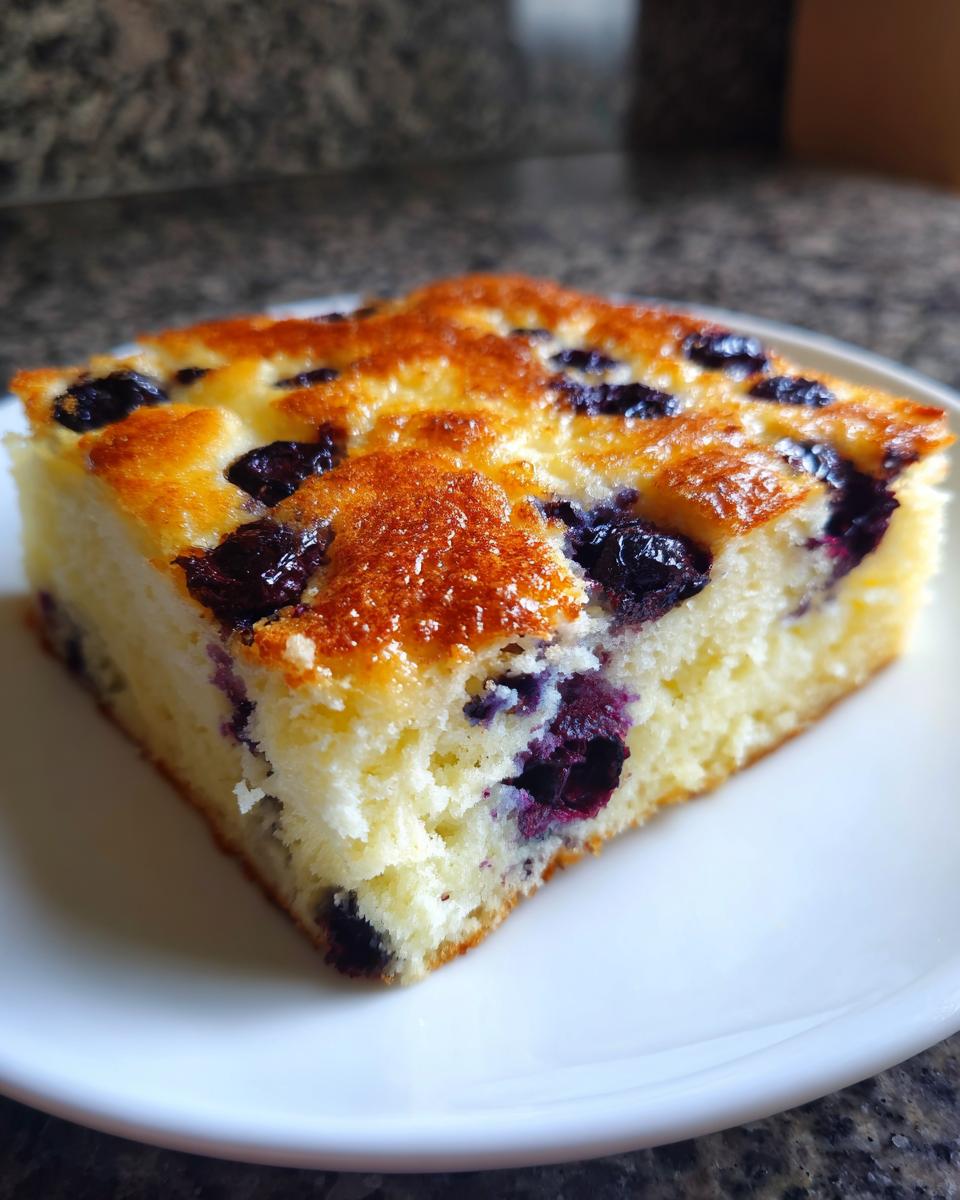 Close-up of a square slice of fluffy sheet pan pancakes topped with baked blueberries on a white plate.