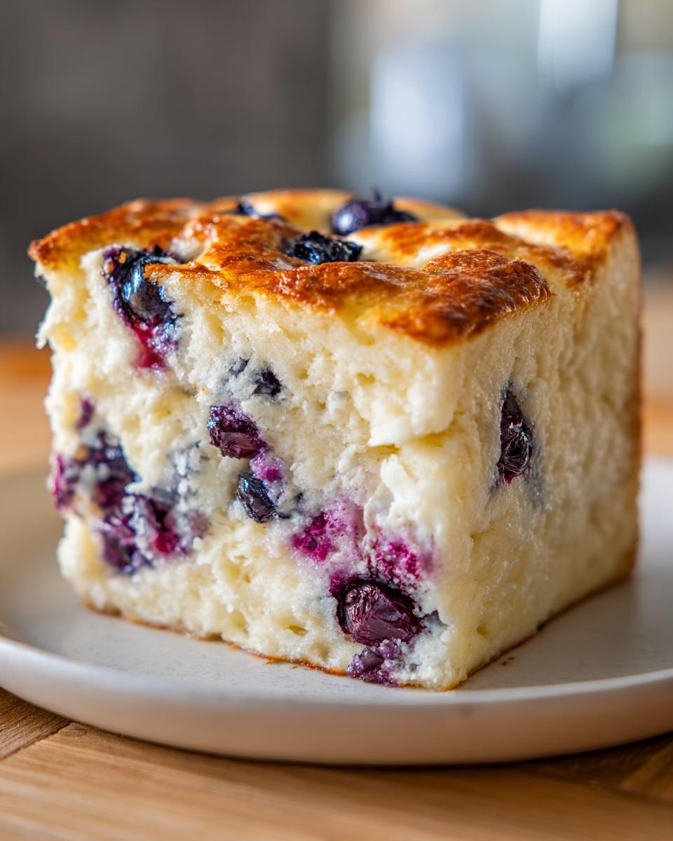Close-up of a thick, fluffy square slice of blueberry sheet pan pancakes on a white plate.