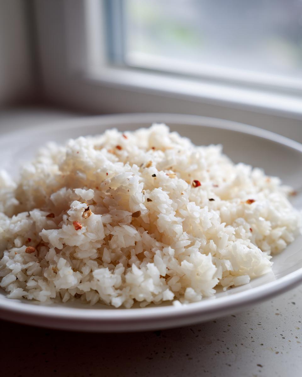 A close-up of fluffy, white cauliflower rice seasoned with visible red and brown spices, served on a white plate.