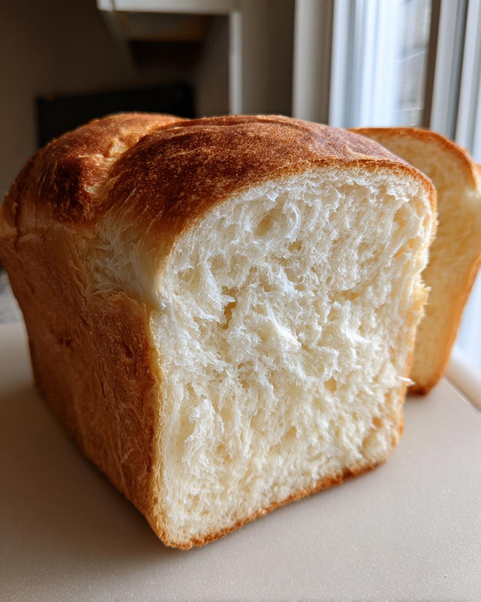 Close-up of a freshly baked loaf of condensed milk bread, showing the soft, white, feathery crumb texture.