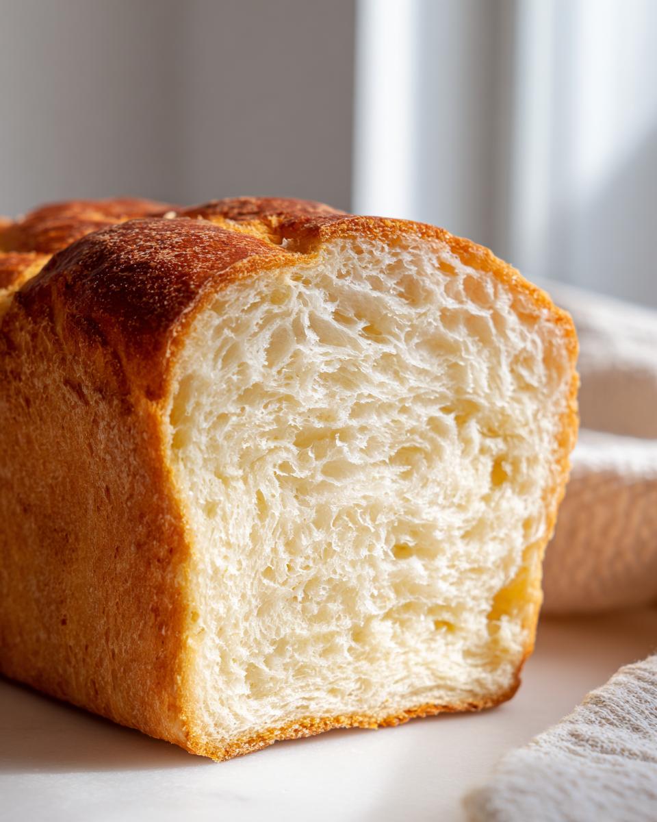 Close-up of the soft, white interior crumb of freshly baked condensed milk bread with a golden crust.