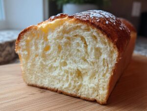 Cross-section view showing the soft, fluffy interior crumb of a freshly baked condensed milk bread loaf.