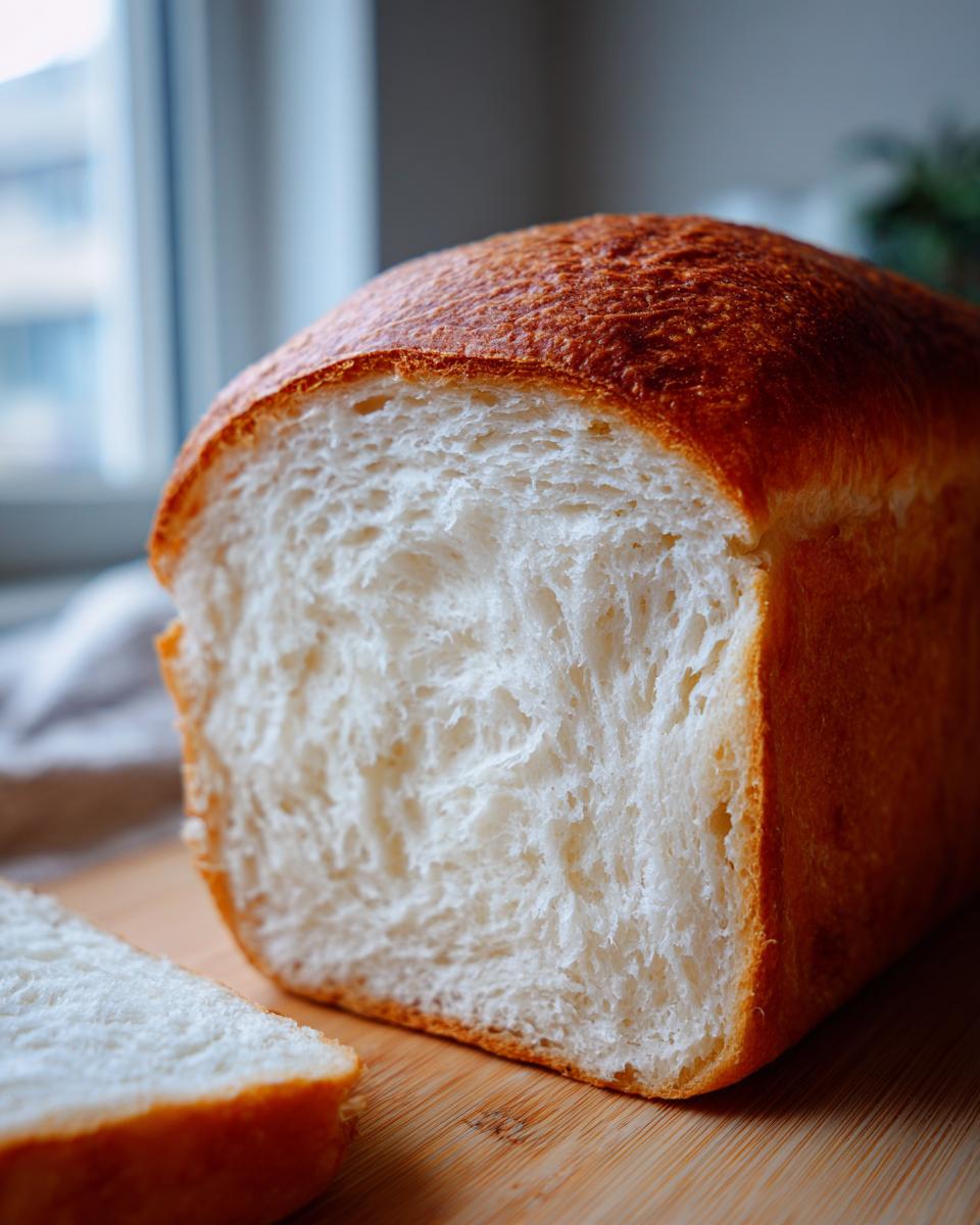 Close-up of a freshly baked loaf of condensed milk bread, showing the soft, white, fluffy interior crumb and golden crust.
