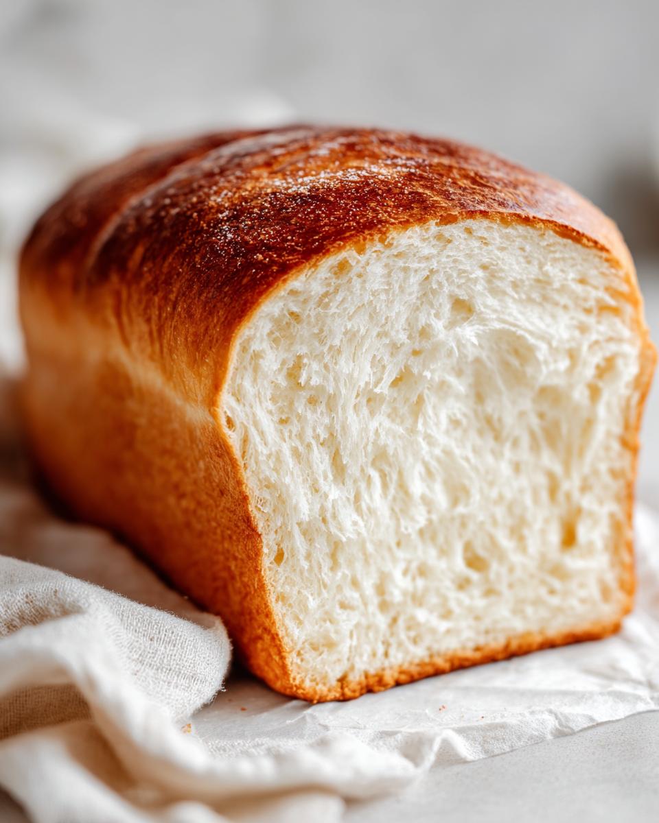 Close-up of a freshly baked loaf of soft, white condensed milk bread with a golden-brown crust.