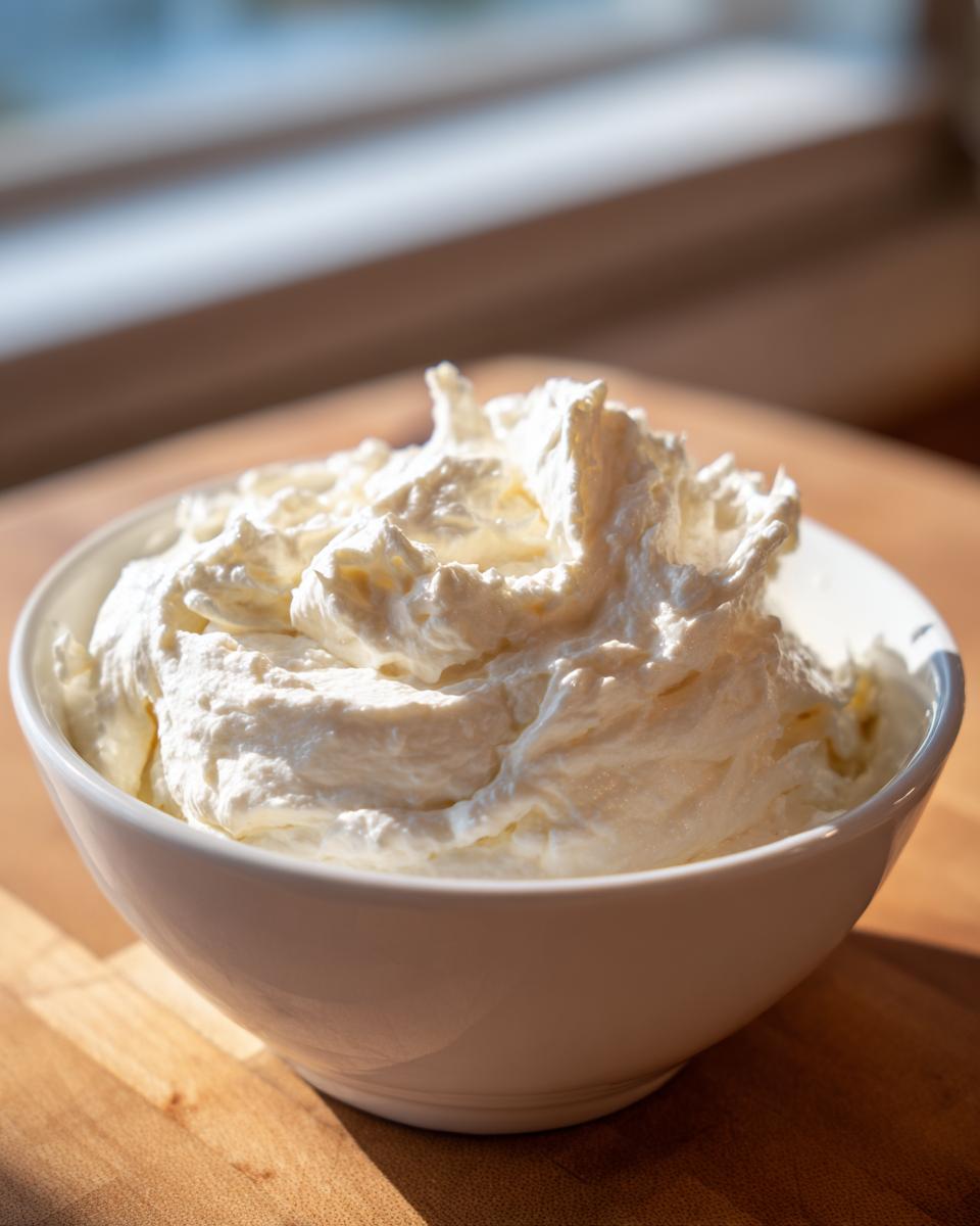 A white bowl filled with freshly made, fluffy creamy horseradish sauce, highlighted by natural sunlight.