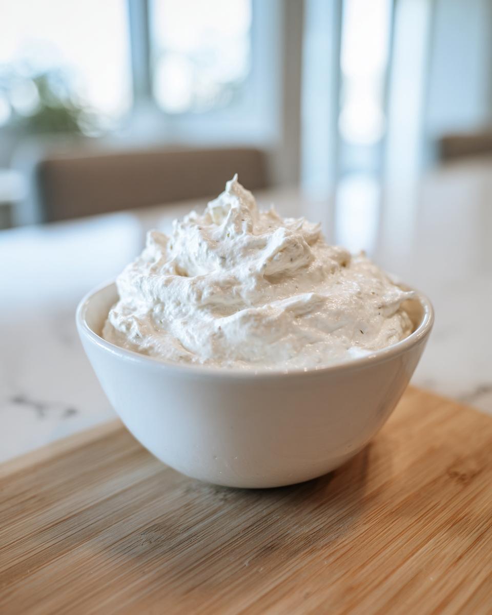 A close-up of a bowl filled with fluffy, white creamy horseradish sauce, sitting on a wooden cutting board.