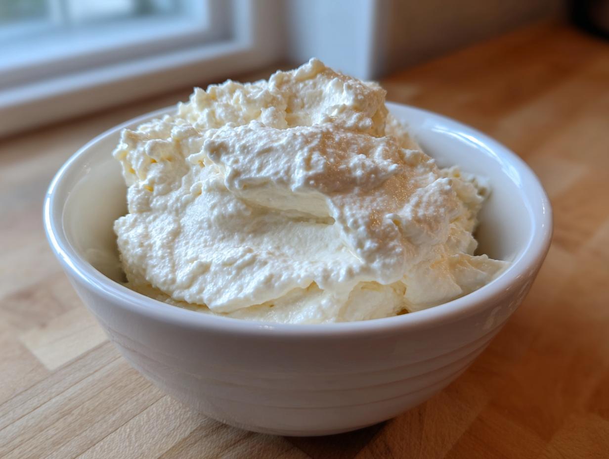 A white bowl filled with fluffy, white creamy horseradish sauce resting on a wooden countertop.