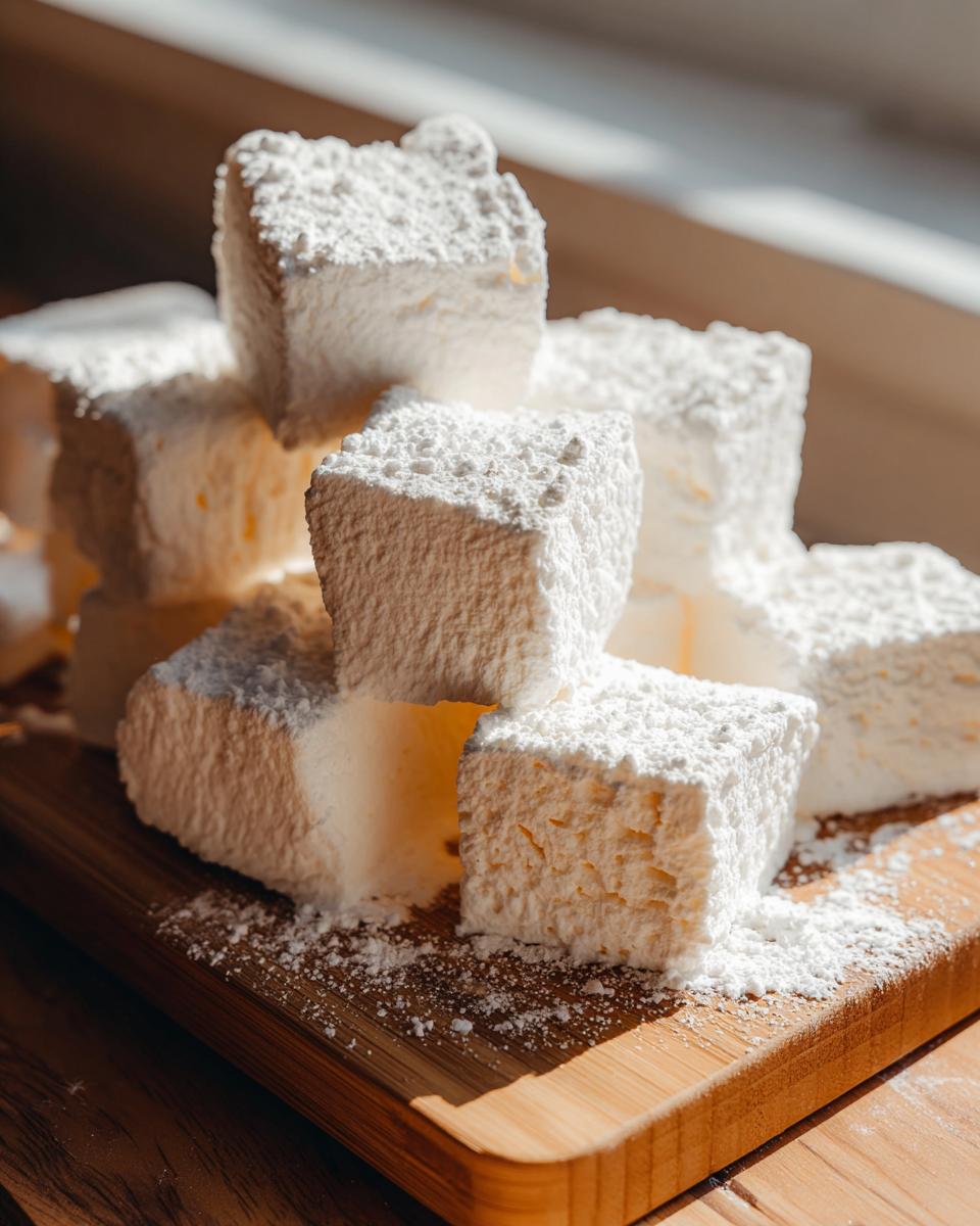 A stack of freshly cut, fluffy homemade marshmallows heavily dusted with white powdered sugar on a wooden board.