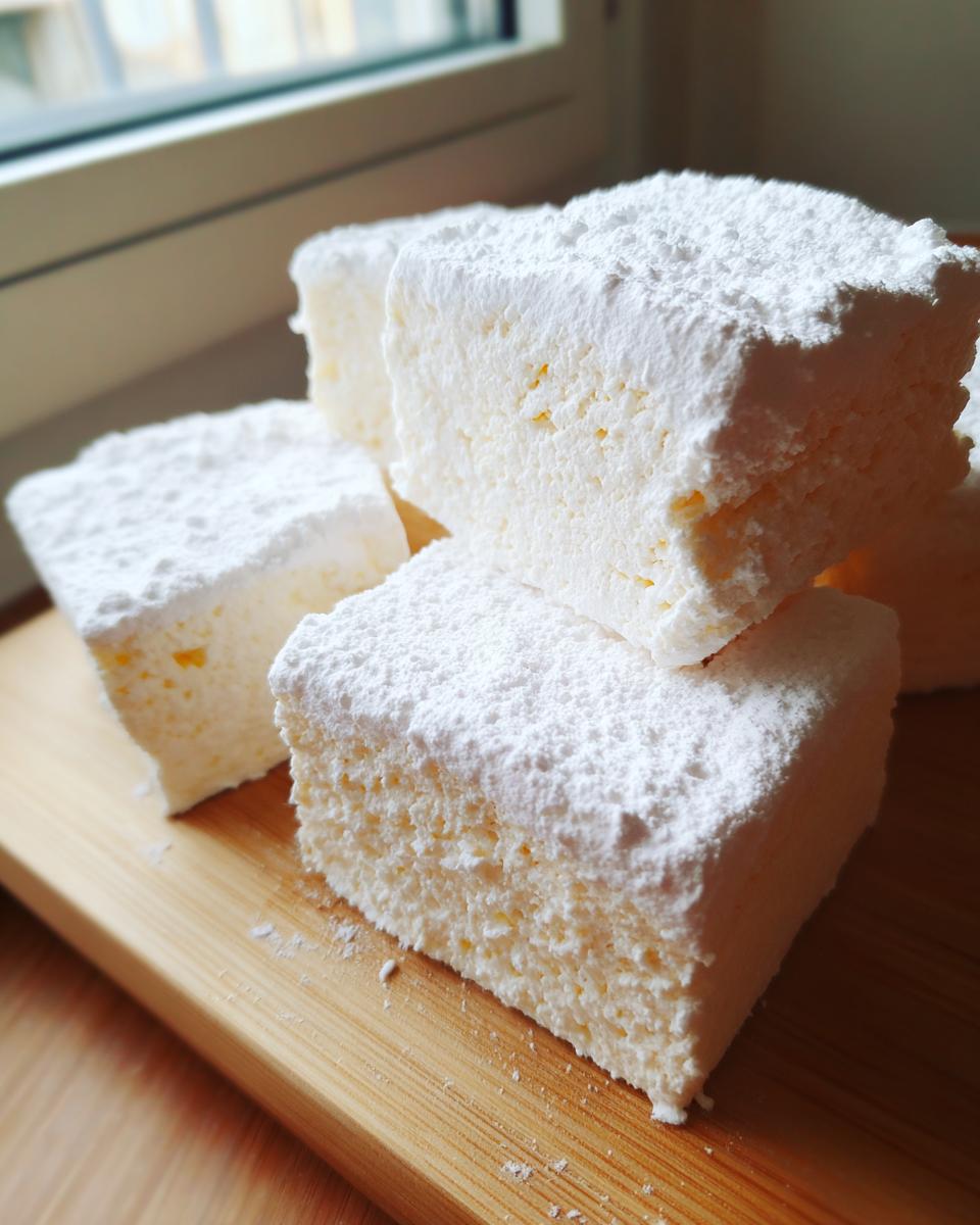 Close-up of fluffy, square homemade marshmallows generously dusted with white powdered sugar on a wooden board.