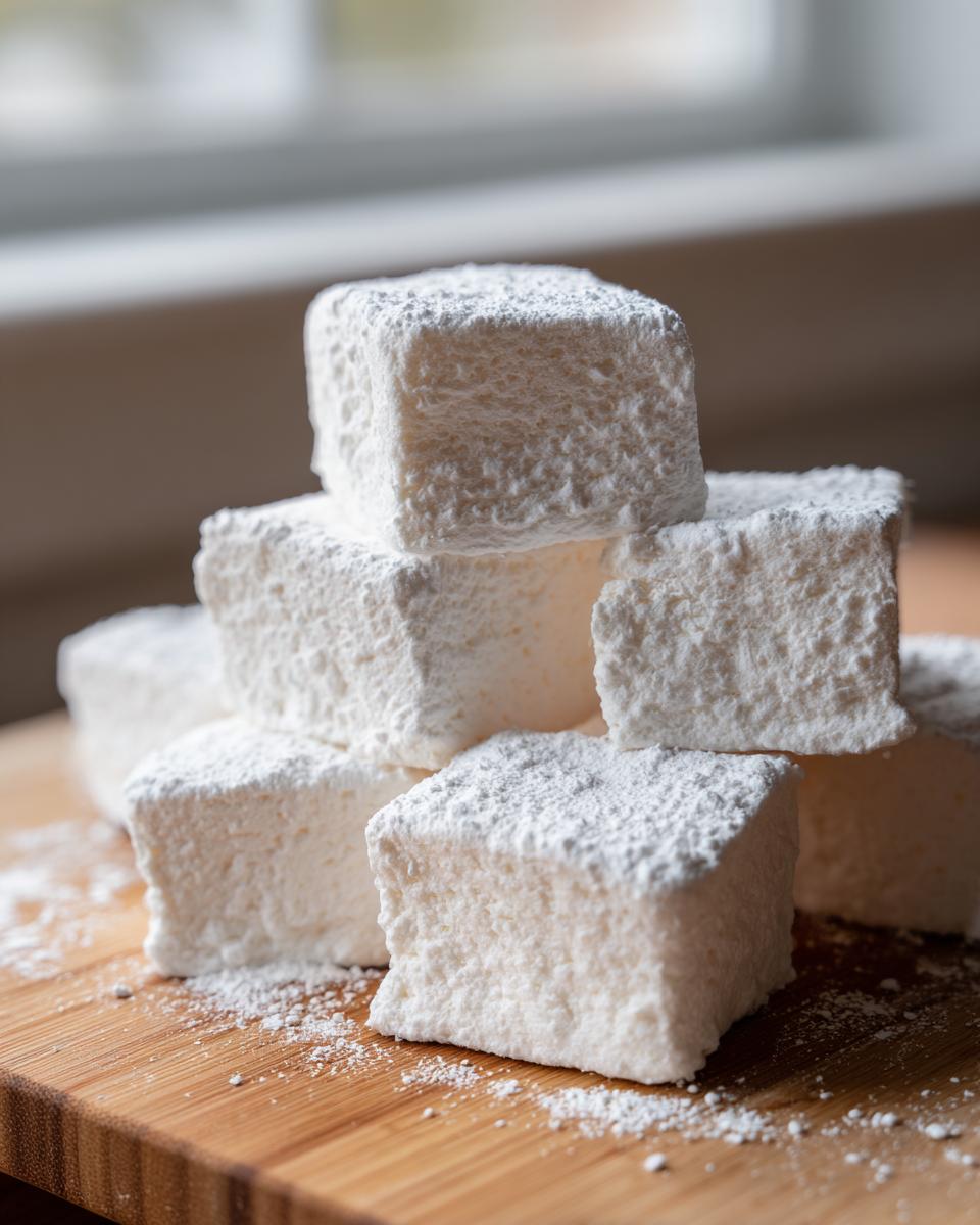 A stack of fluffy, square homemade marshmallows dusted heavily with powdered sugar on a wooden board.