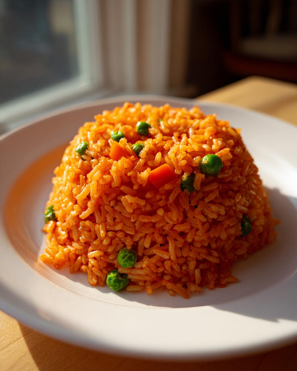A perfectly molded serving of fluffy, vibrant orange mexican rice mixed with bright green peas and diced carrots on a white plate.