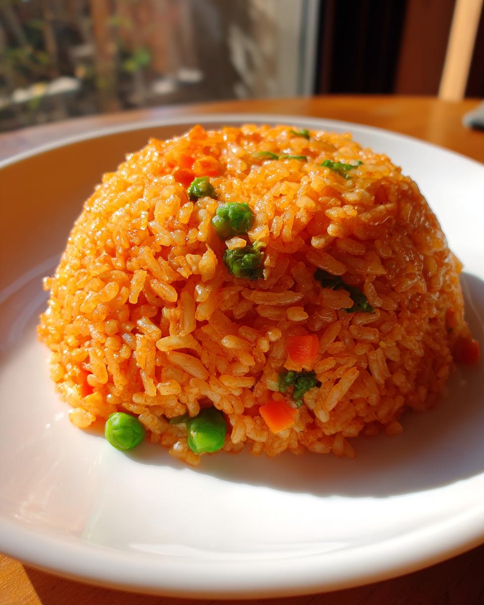 A perfectly molded mound of fluffy, orange Mexican rice mixed with bright green peas and diced carrots, served on a white plate.