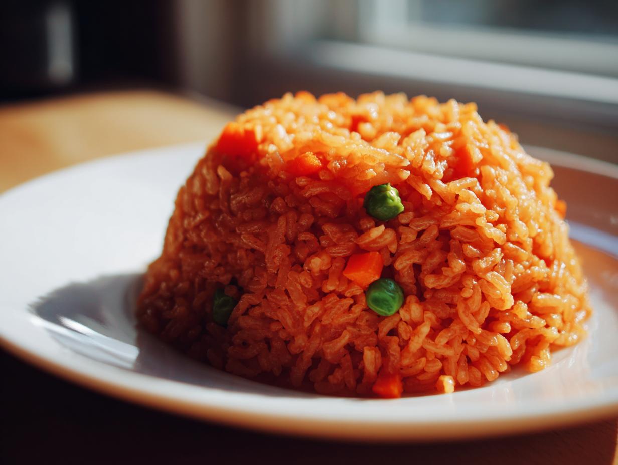 A perfectly molded mound of fluffy, orange-red mexican rice with visible peas and carrots on a white plate.