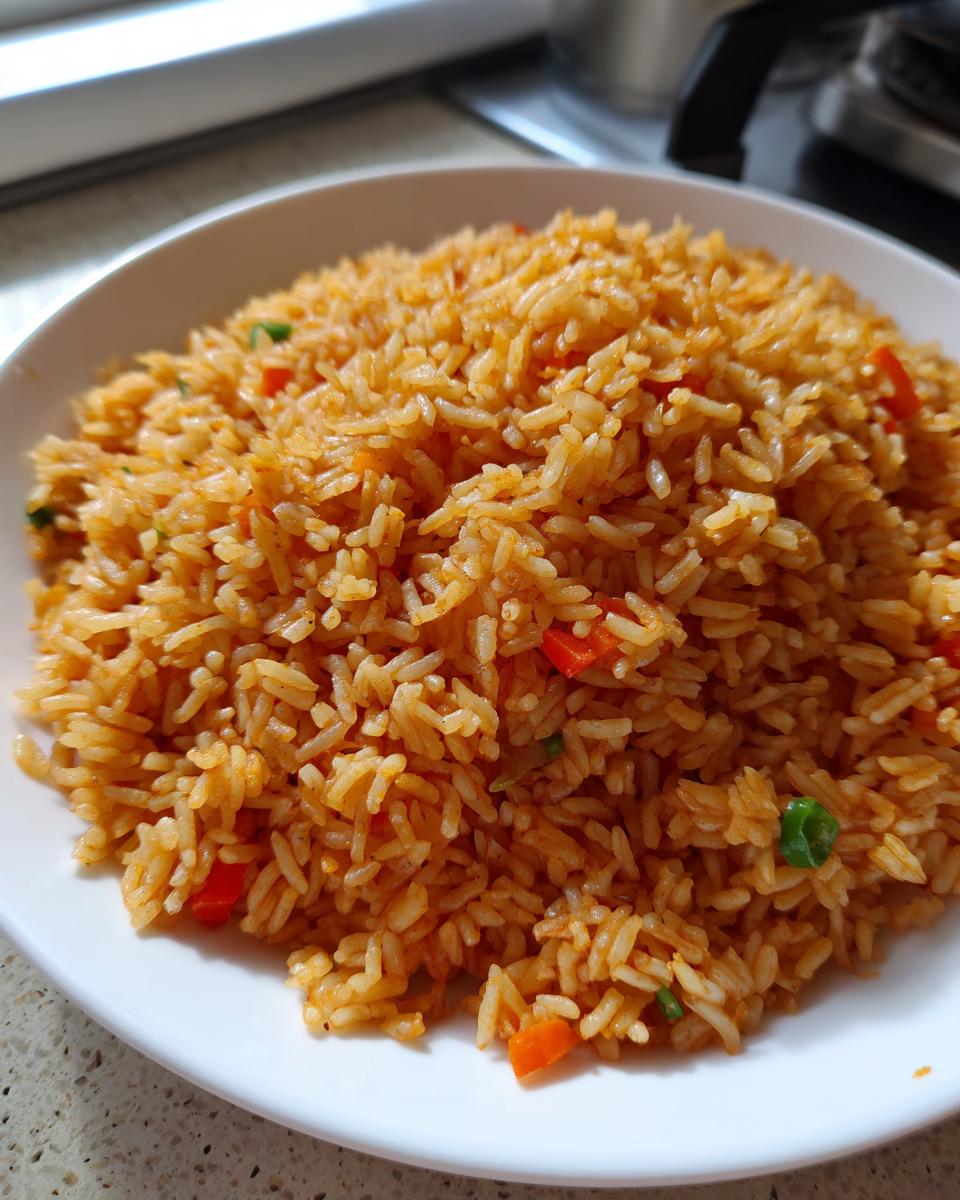 Close-up of a generous serving of fluffy, orange-colored mexican rice with visible pieces of red pepper and green peas.