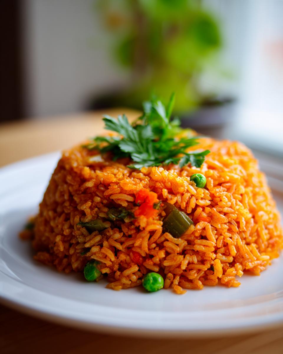 A perfectly molded serving of vibrant orange Mexican rice, studded with green peas and topped with fresh parsley.