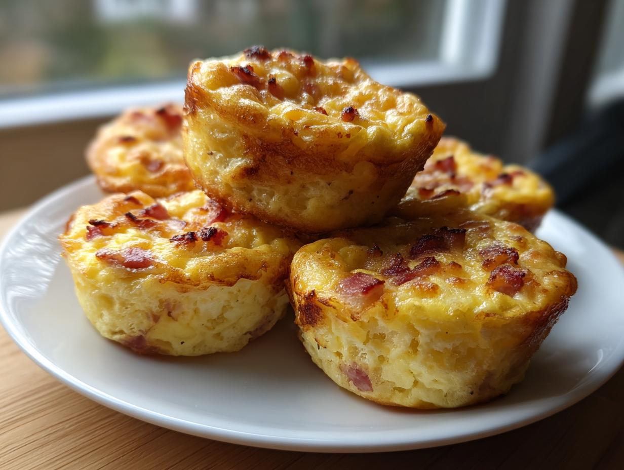 A stack of fluffy, golden brown protein egg bites topped with crispy bacon pieces on a white plate.
