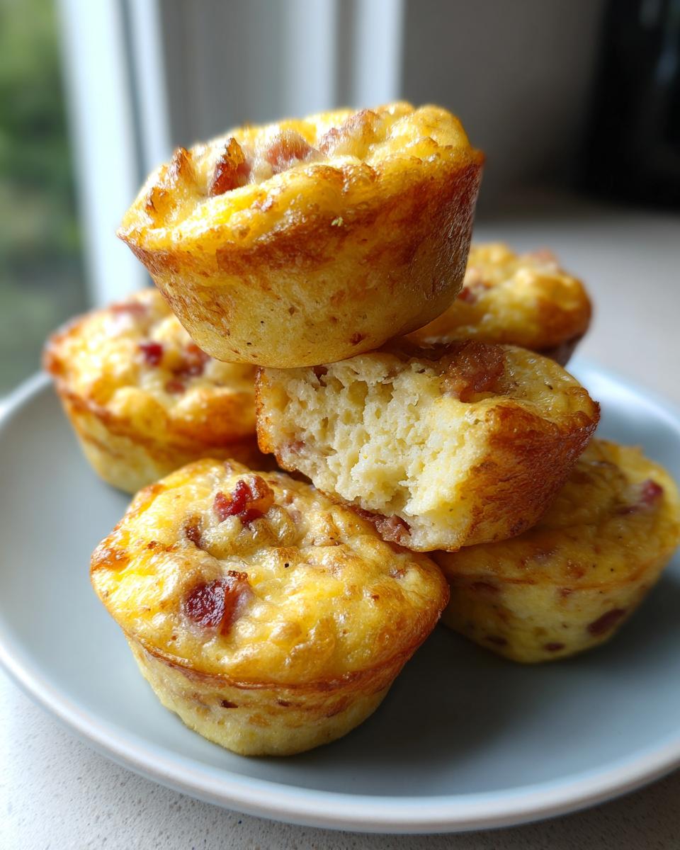 A stack of fluffy protein egg bites with visible bacon pieces, one is broken open to show the texture.
