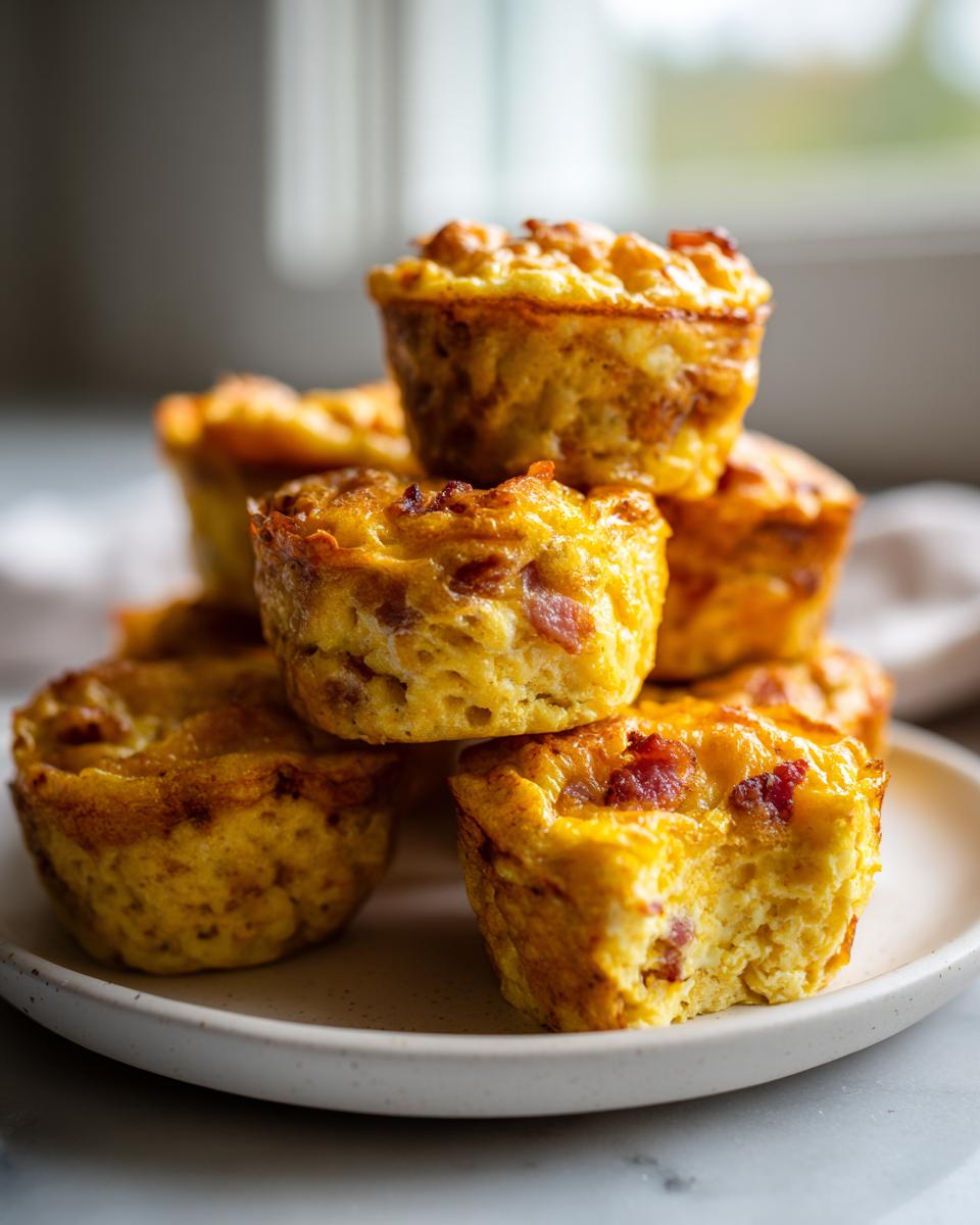 A stack of fluffy, golden brown protein egg bites, featuring visible pieces of bacon, served on a white plate.