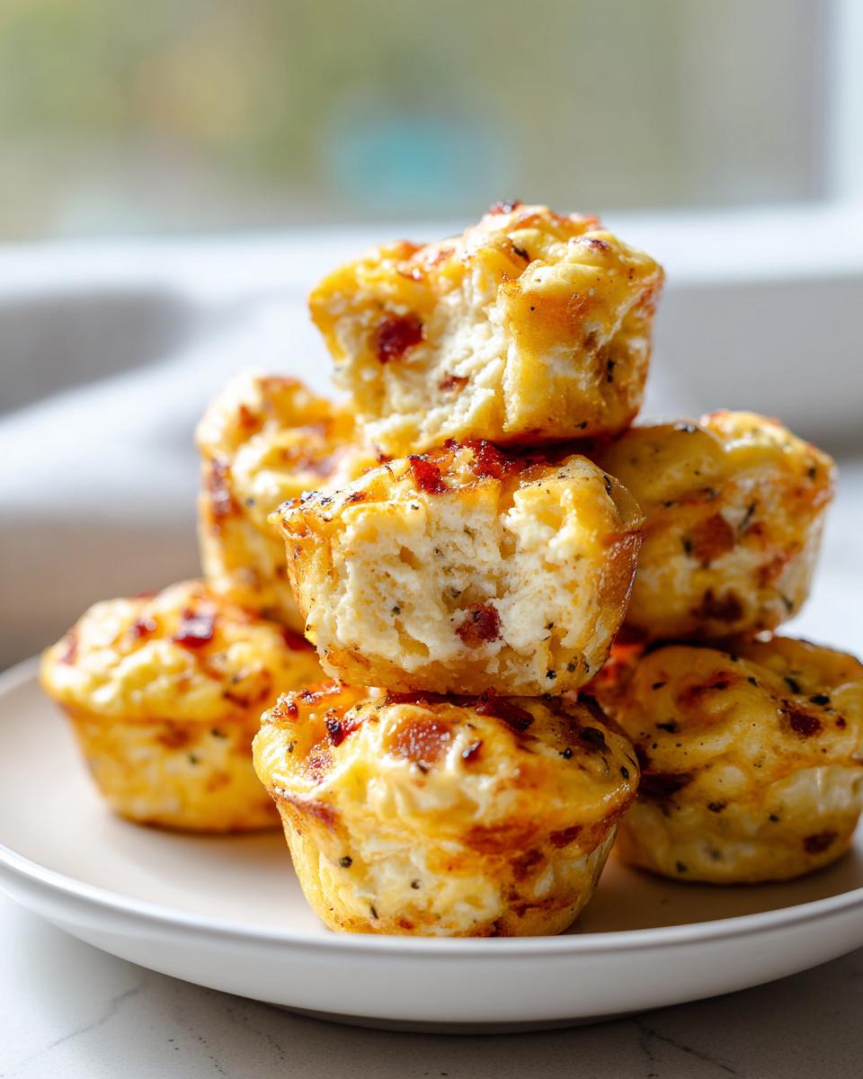 A stack of six fluffy protein egg bites, featuring visible bacon pieces, served on a white plate.