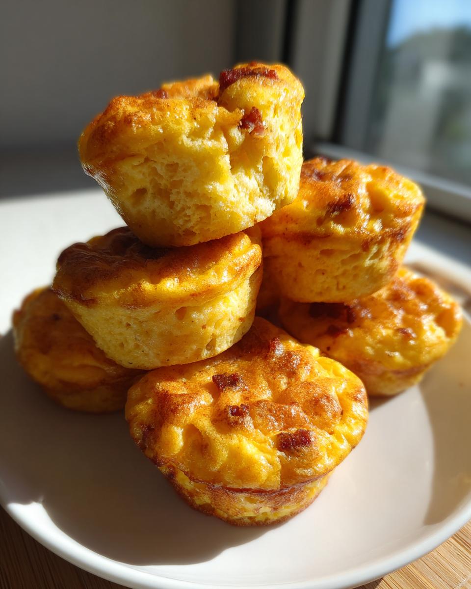 A stack of six fluffy, golden-brown protein egg bites with visible bits of bacon or meat, sitting on a white plate.