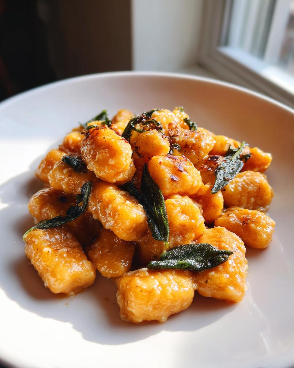 A close-up of fluffy sweet potato gnocchi tossed in a light sauce and garnished with crispy sage leaves.
