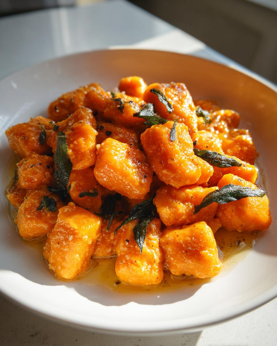 A bowl of vibrant orange sweet potato gnocchi tossed in butter sauce and topped with crispy sage leaves.